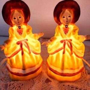 Vintage I W Rice Victorian Lady Nightlight Portable Lamp Pair Yellow Dress